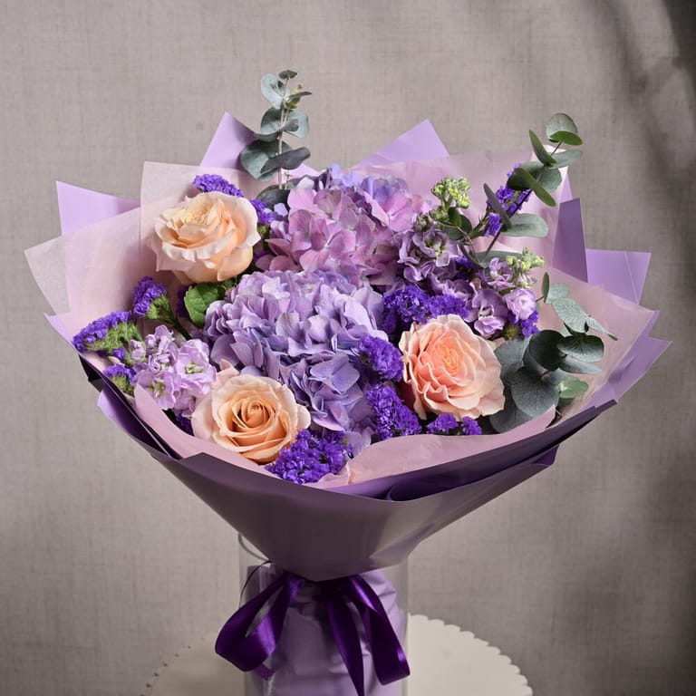 Purple Hydrangea Peach Roses Matthiola And Statice Bouquet-A1216 - Image 2