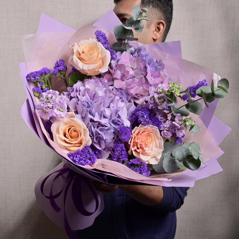 Purple Hydrangea Peach Roses Matthiola And Statice Bouquet-A1216 - Image 3