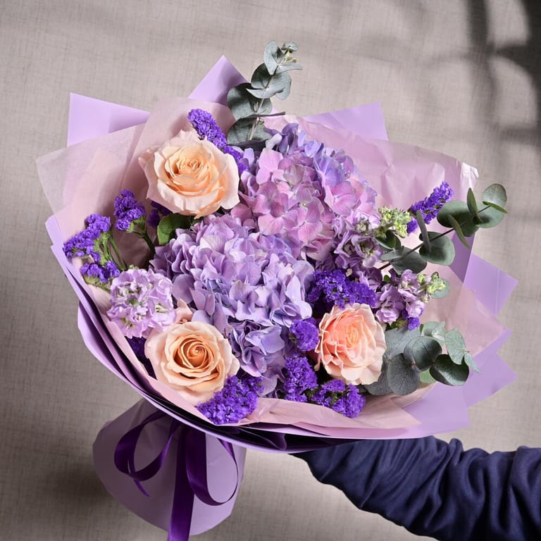 Purple Hydrangea Peach Roses Matthiola And Statice Bouquet-A1216 - Image 4