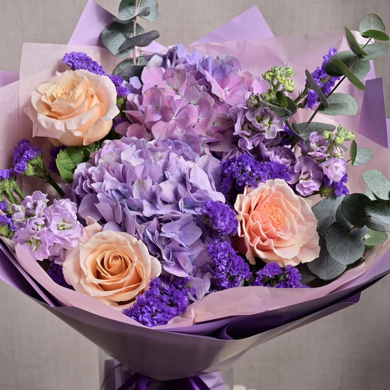 Purple Hydrangea Peach Roses Matthiola And Statice Bouquet-A1216 - Image 5