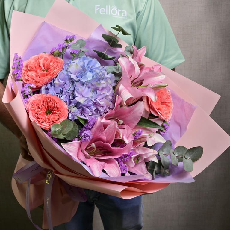 Pink Lilies Hydrangea And Premium Roses Luxury Bouquet-A1221 - Image 1