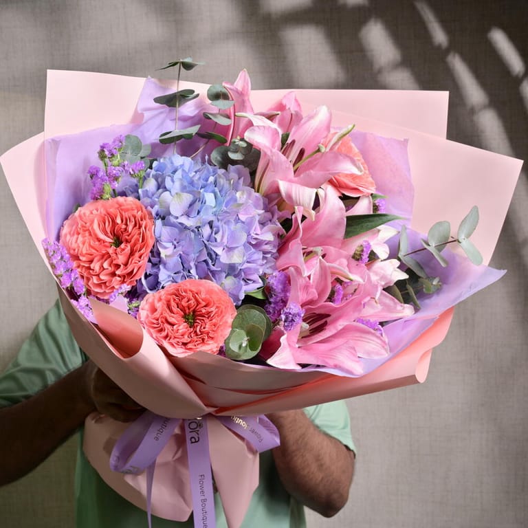Pink Lilies Hydrangea And Premium Roses Luxury Bouquet-A1221 - Image 2