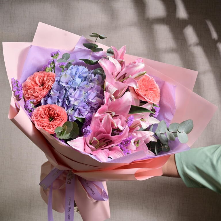 Pink Lilies Hydrangea And Premium Roses Luxury Bouquet-A1221 - Image 3
