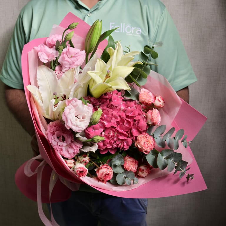 Pink Hydrangea Lilies And Spray Roses Luxury Bouquet-A1224 - Image 1