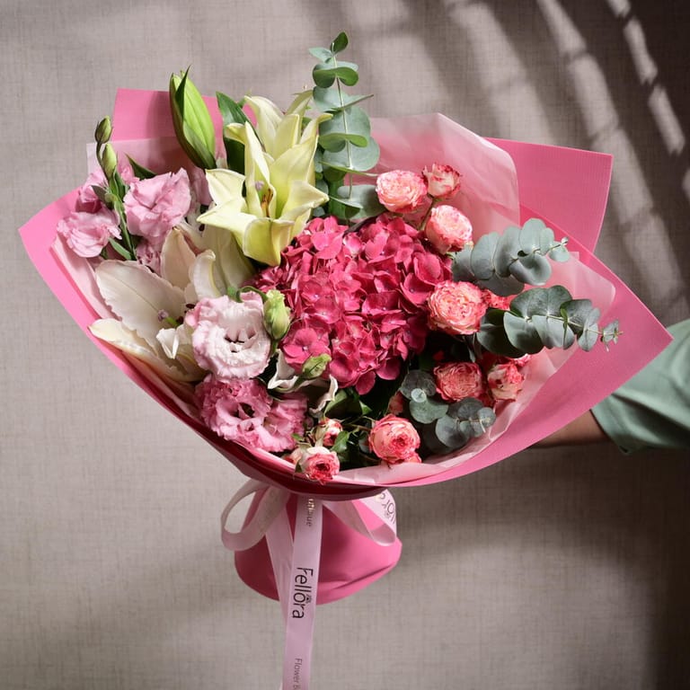 Pink Hydrangea Lilies And Spray Roses Luxury Bouquet-A1224 - Image 3