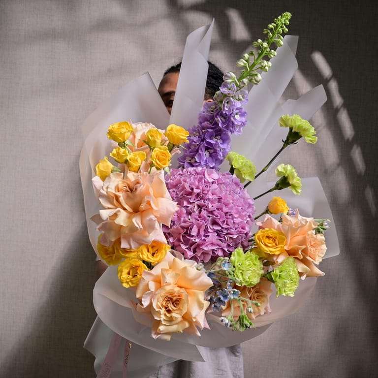 Purple Hydrangea Delphinium And Premium Roses Bouquet-A1232 - Image 3
