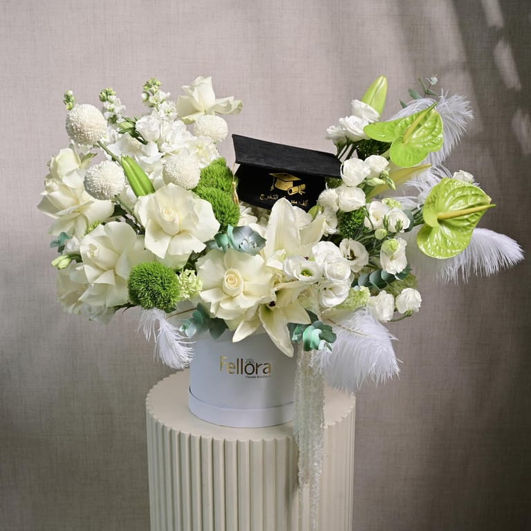 Graduation White Roses And Green Anthurium Flower Box-A1235 - Image 1