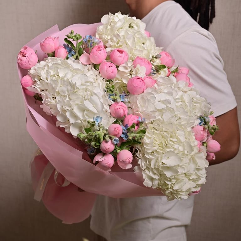 Pink Peony Roses And White Hydrangea Luxury Bouquet-A1277 - Image 1