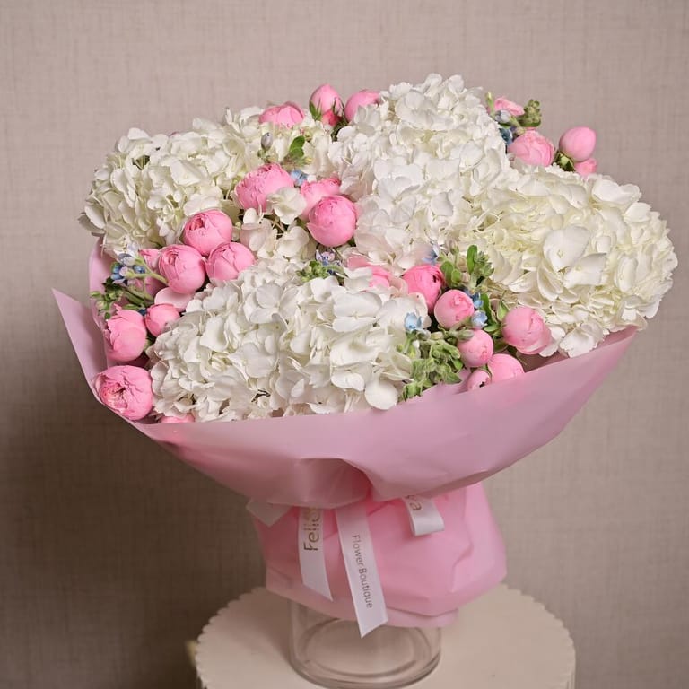 Pink Peony Roses And White Hydrangea Luxury Bouquet-A1277 - Image 5