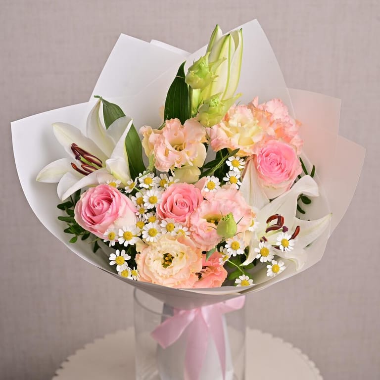 Pink Roses Lisianthus Lilies And Chamomile Bouquet-A1296 - Image 2