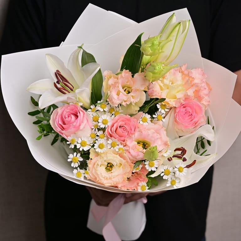 Pink Roses Lisianthus Lilies And Chamomile Bouquet-A1296 - Image 3