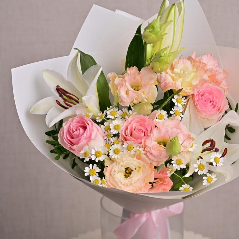 Pink Roses Lisianthus Lilies And Chamomile Bouquet-A1296 - Image 5