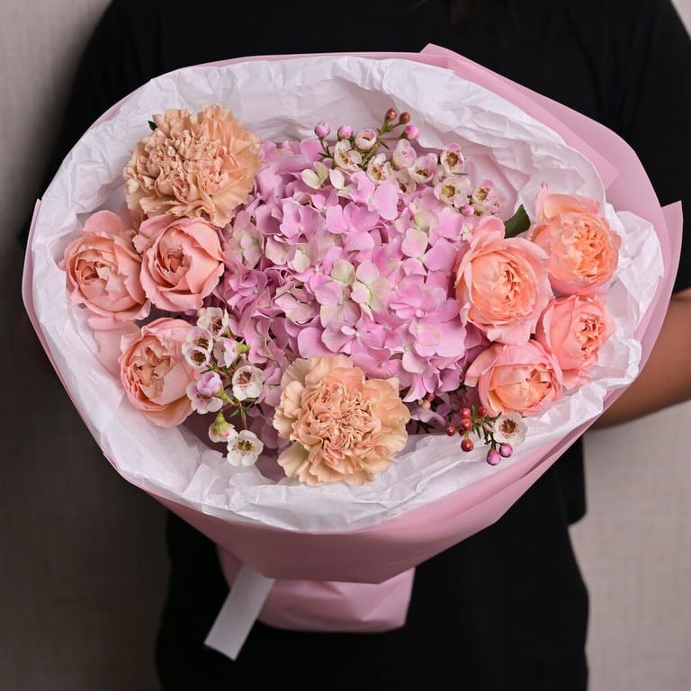 Pink Hydrangea Julietta Peony Roses And Carnations Bouquet-A1297 - Image 1