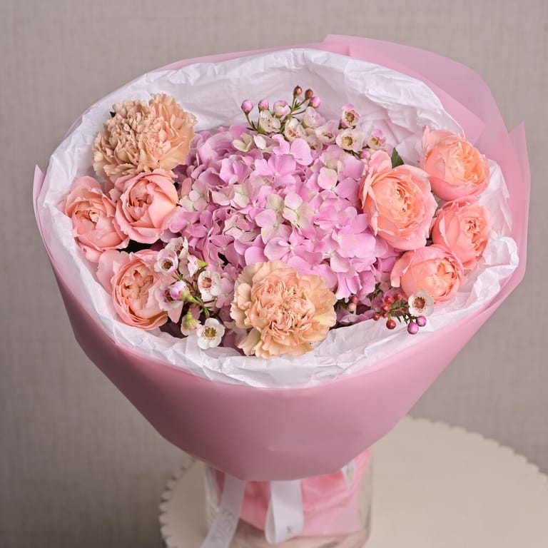 Pink Hydrangea Julietta Peony Roses And Carnations Bouquet-A1297 - Image 2