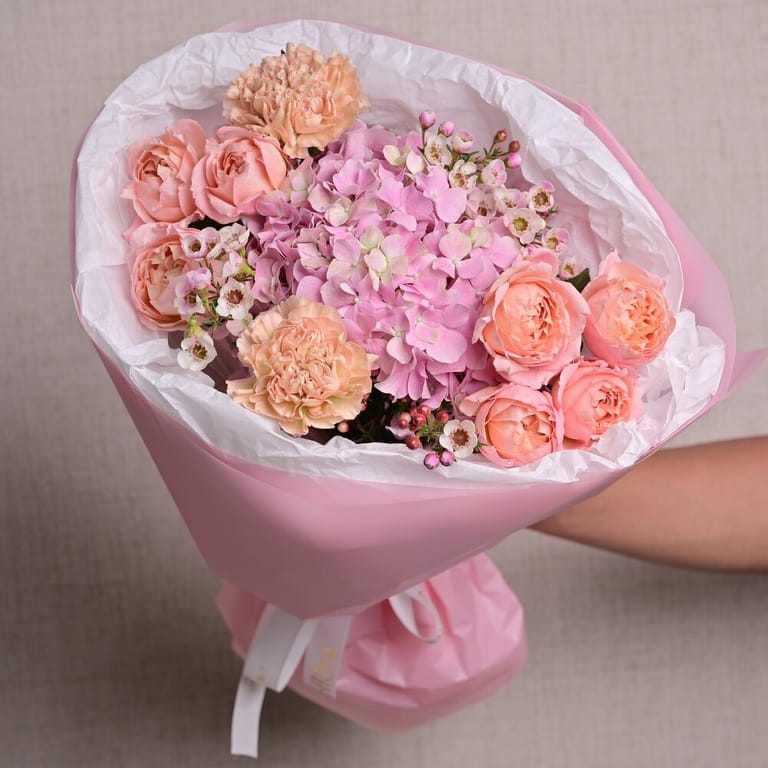 Pink Hydrangea Julietta Peony Roses And Carnations Bouquet-A1297 - Image 4