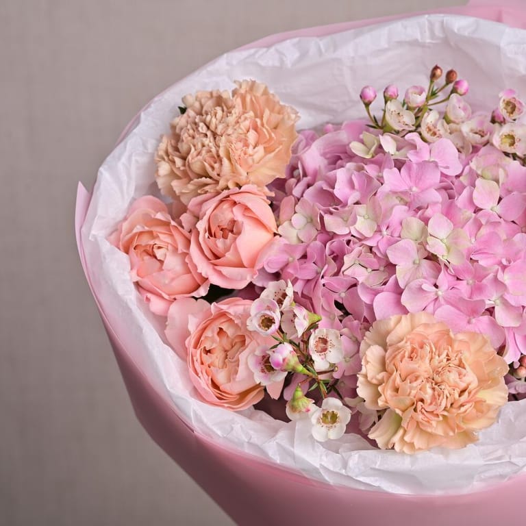 Pink Hydrangea Julietta Peony Roses And Carnations Bouquet-A1297 - Image 5
