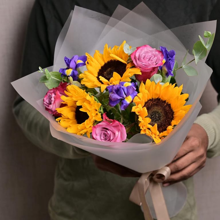 Sunflowers Pink Roses And Purple Iris Bouquet-A1300 - Image 1