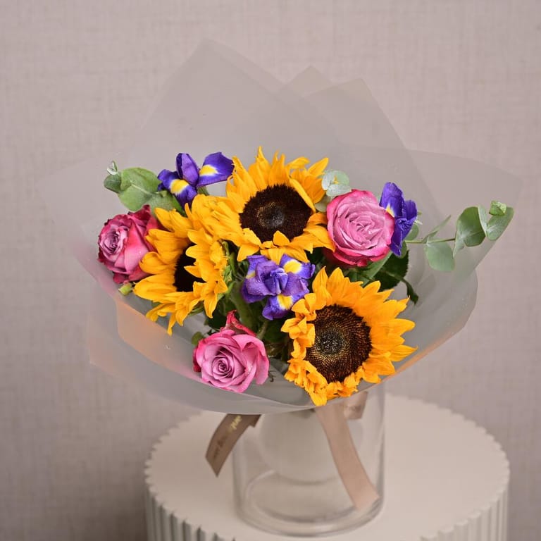 Sunflowers Pink Roses And Purple Iris Bouquet-A1300 - Image 2
