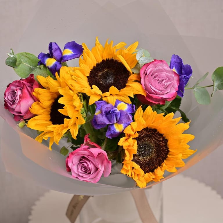 Sunflowers Pink Roses And Purple Iris Bouquet-A1300 - Image 5
