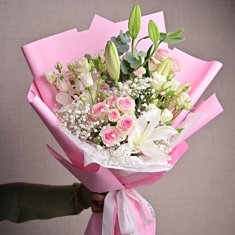 Pink Spray Roses White Lilies And Gypsophila Bouquet-A1302 - Image 3