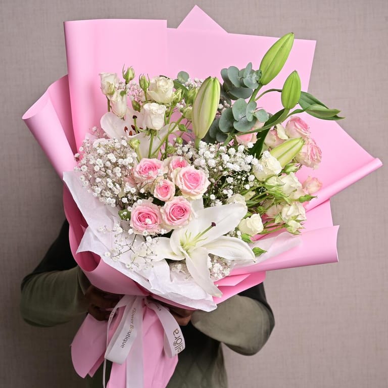 Pink Spray Roses White Lilies And Gypsophila Bouquet-A1302 - Image 4