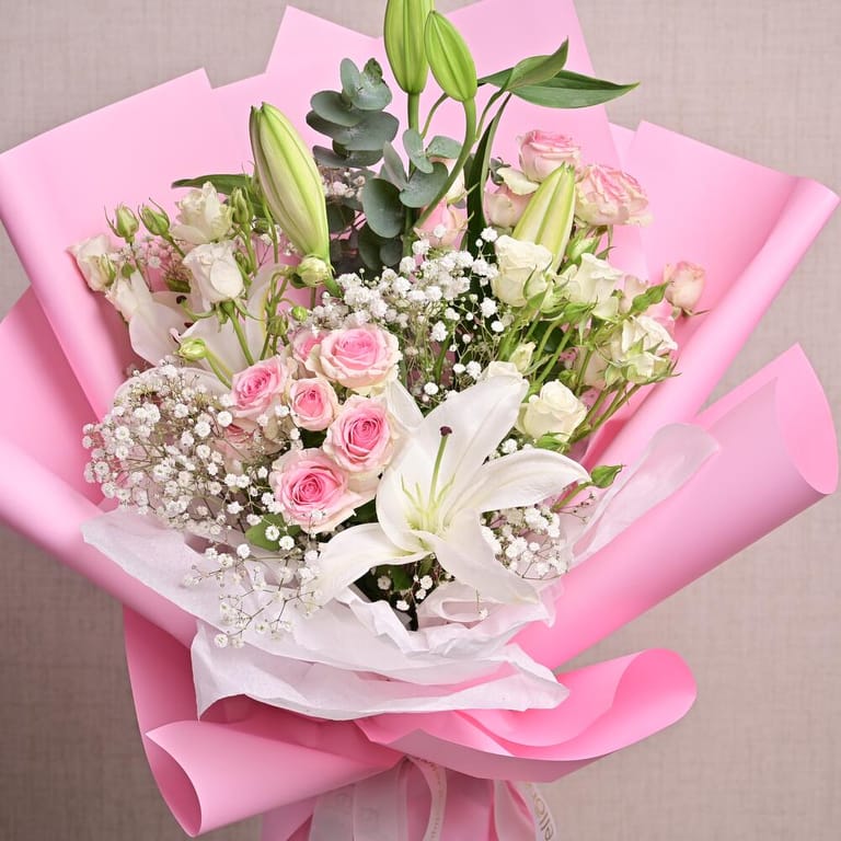 Pink Spray Roses White Lilies And Gypsophila Bouquet-A1302 - Image 5
