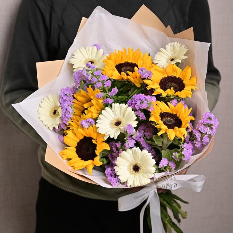 Sunflowers White Gerbera And Purple Statice Bouquet-A1303 - Image 1