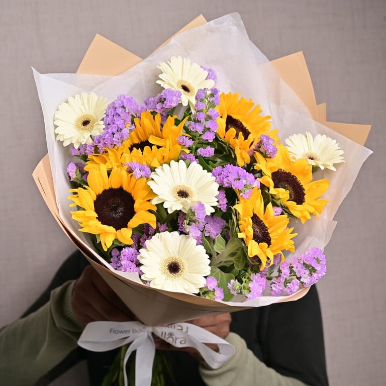 Sunflowers White Gerbera And Purple Statice Bouquet-A1303 - Image 3