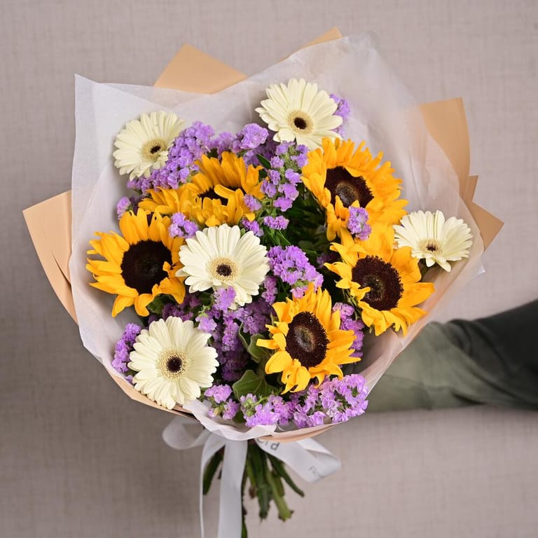 Sunflowers White Gerbera And Purple Statice Bouquet-A1303 - Image 4
