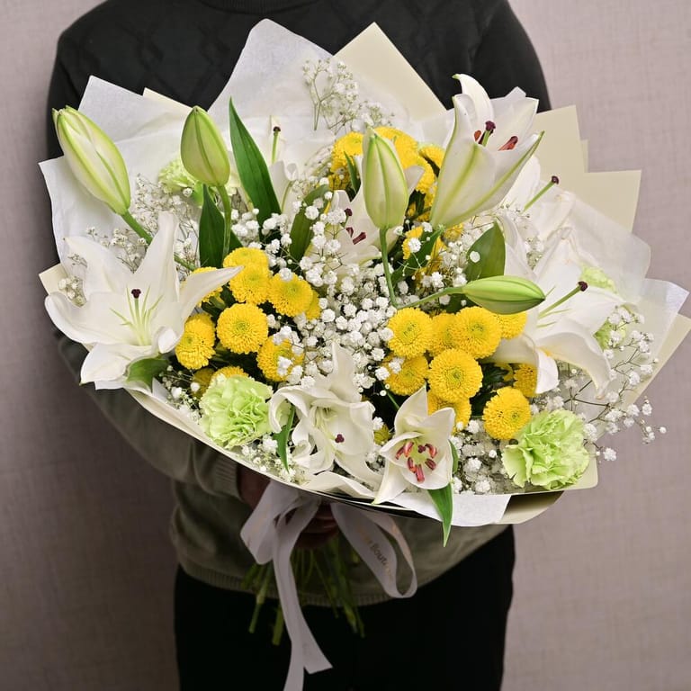 White Lilies Yellow Chrysanthemums And Green Carnations-A1304 - Image 1