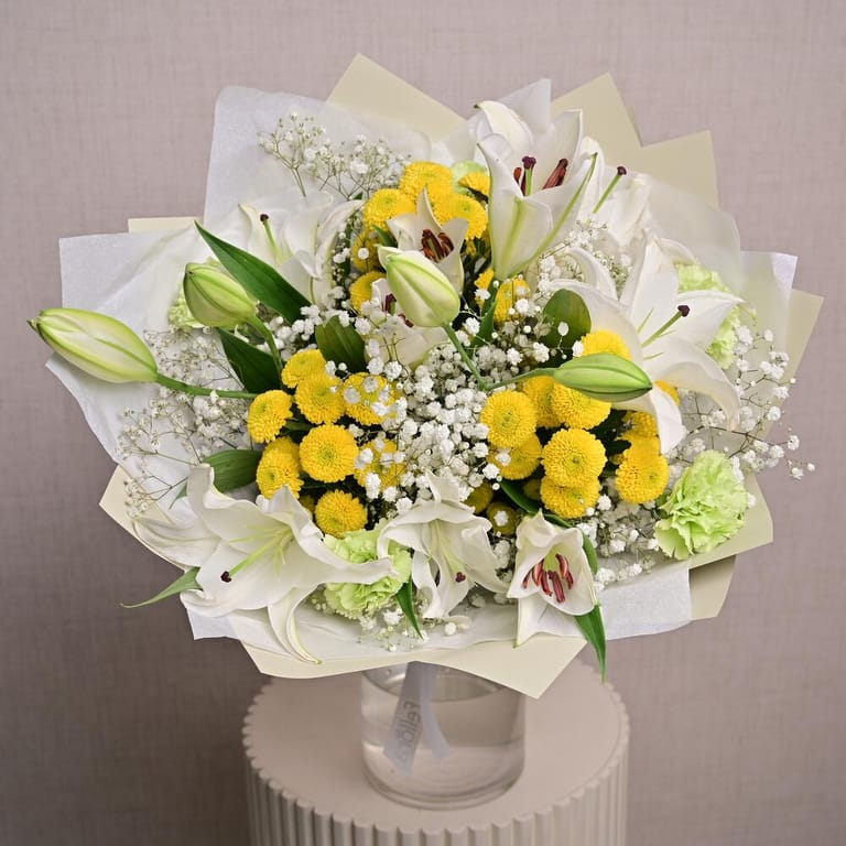 White Lilies Yellow Chrysanthemums And Green Carnations-A1304 - Image 2
