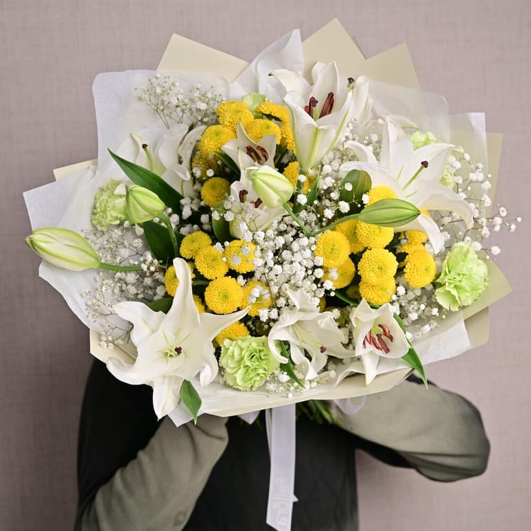 White Lilies Yellow Chrysanthemums And Green Carnations-A1304 - Image 3