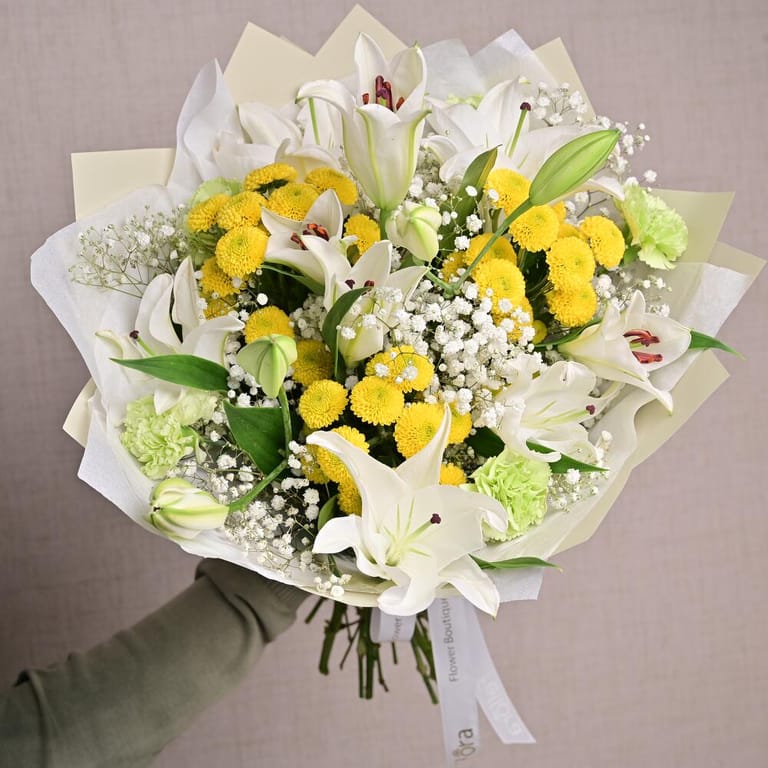 White Lilies Yellow Chrysanthemums And Green Carnations-A1304 - Image 4