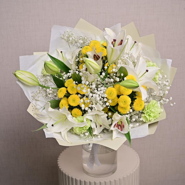 White Lilies Yellow Chrysanthemums And Green Carnations-A1304 - Image 5