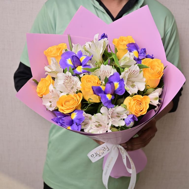 Yellow Roses Blue Iris And White Alstroemeria Bouquet-A1309 - Image 1