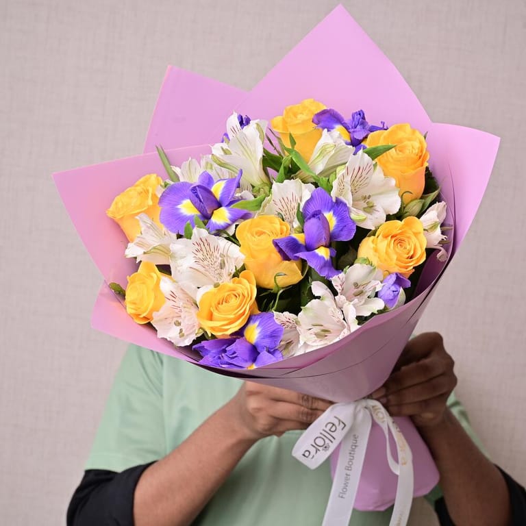 Yellow Roses Blue Iris And White Alstroemeria Bouquet-A1309 - Image 2