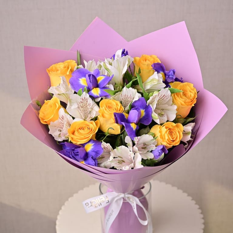 Yellow Roses Blue Iris And White Alstroemeria Bouquet-A1309 - Image 3