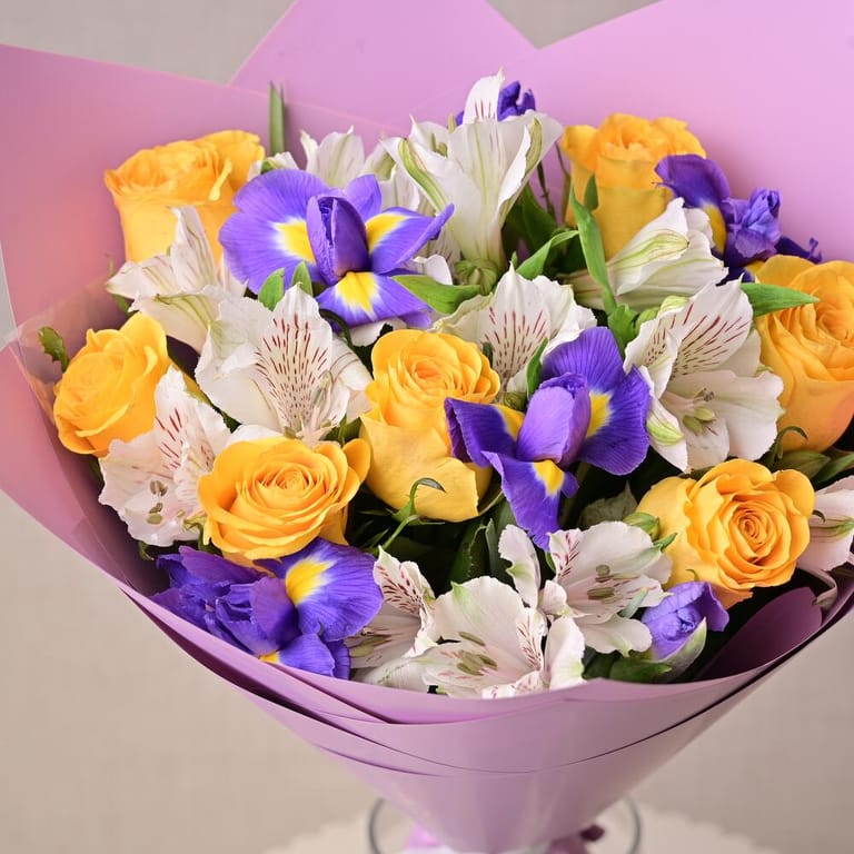 Yellow Roses Blue Iris And White Alstroemeria Bouquet-A1309 - Image 5
