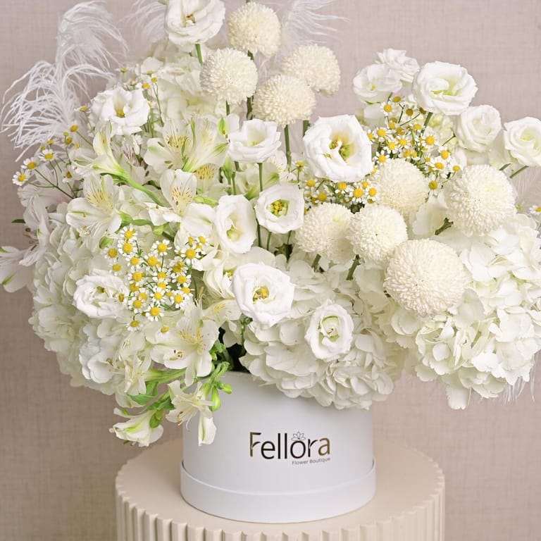 White Hydrangea Lisianthus And Ping Pong Luxury Flower Box-A1314 - Image 2