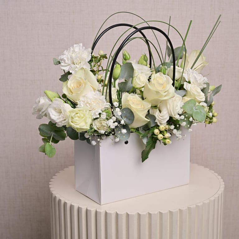 White Roses Carnations Lisianthus And Gypsophila Flower Bag-A1317 - Image 1
