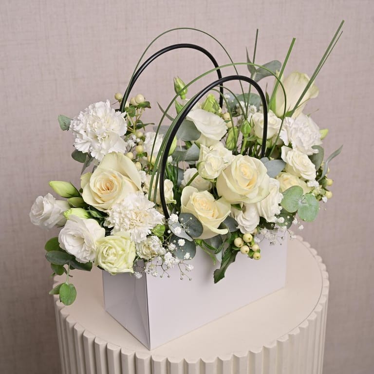 White Roses Carnations Lisianthus And Gypsophila Flower Bag-A1317 - Image 2