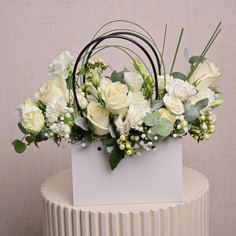 White Roses Carnations Lisianthus And Gypsophila Flower Bag-A1317 - Image 3