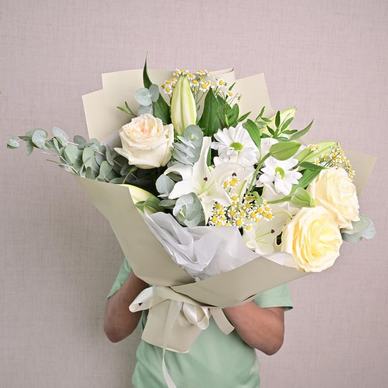 White Lilies Garden Roses And Tanacetum Luxury Bouquet-A1320 - Image 3