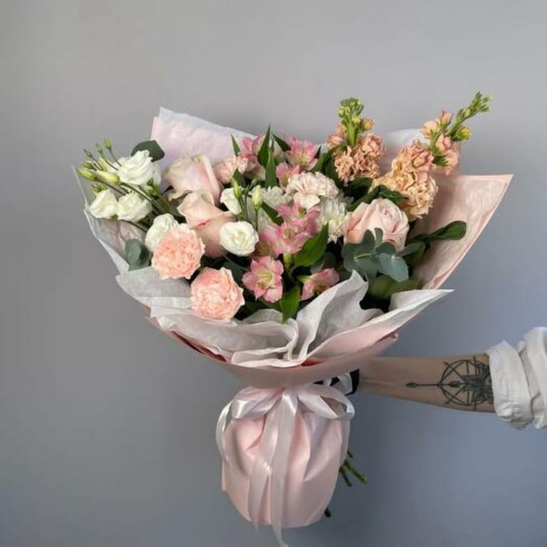 Pink Roses Matthiola And Mixed Flowers Bouquet-A1355 - Image 5
