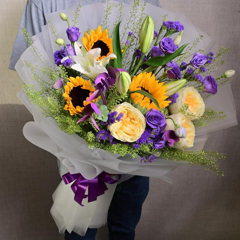 Sunflowers Lisianthus And Peach Roses Bouquet-A1367 - Image 1