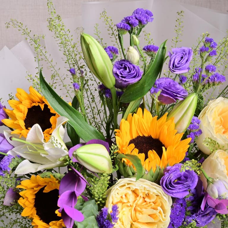 Sunflowers Lisianthus And Peach Roses Bouquet-A1367 - Image 4