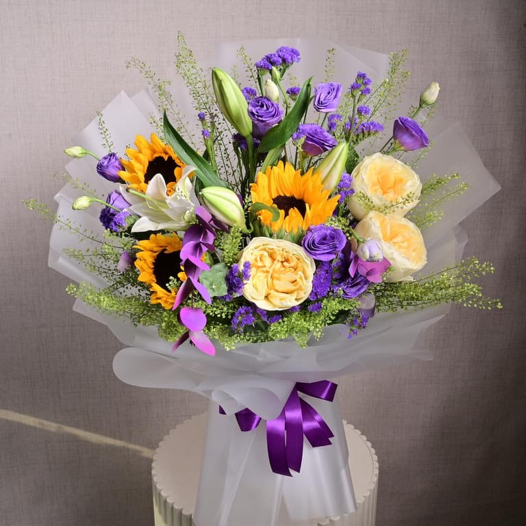 Sunflowers Lisianthus And Peach Roses Bouquet-A1367 - Image 5