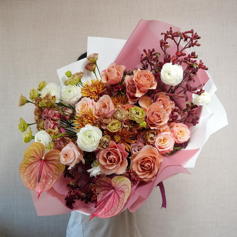 Peach Roses Ranunculus And Anthurium Luxury Bouquet-A1381 - Image 1