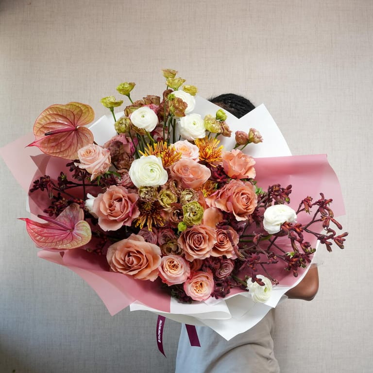 Peach Roses Ranunculus And Anthurium Luxury Bouquet-A1381 - Image 5