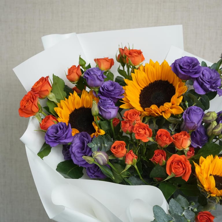 Sunflowers Orange Spray Roses And Purple Lisianthus Bouquet-A1382 - Image 3